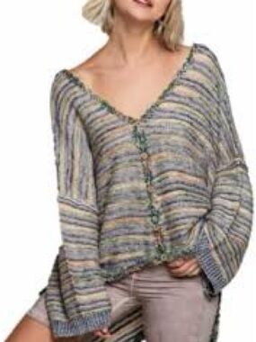 POL Palm Springs striped V-neck sweater multicolor raw fringe hem small